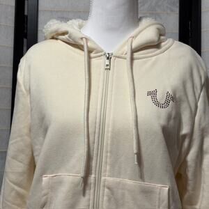 True Religion Women's Buddha Hoodie Cream Large Sherpa Lined Crystal Horseshoe
